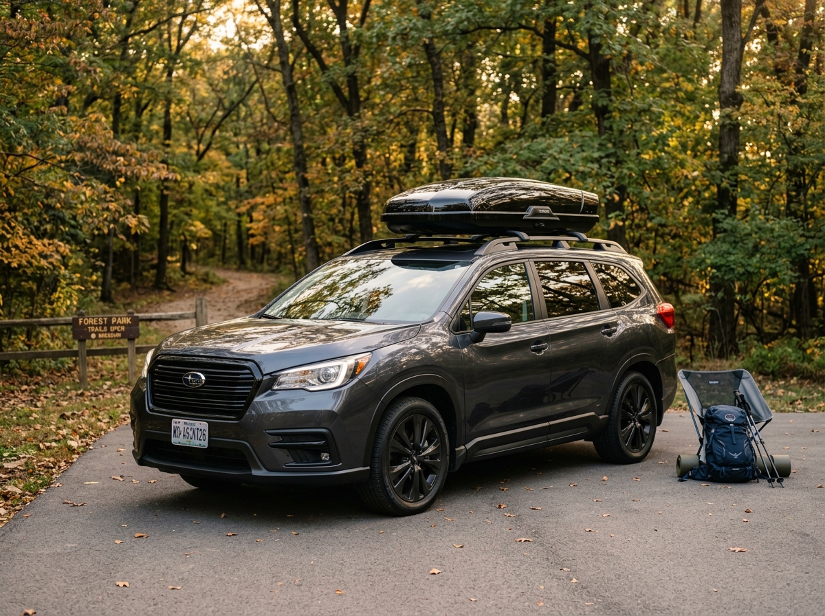 Dark grey Subaru SUV parked on a paved forest road with a black roof box and camping gear nearby. (Representative image for illustration purposes only. Actual vehicle may vary based on trim and configuration.)