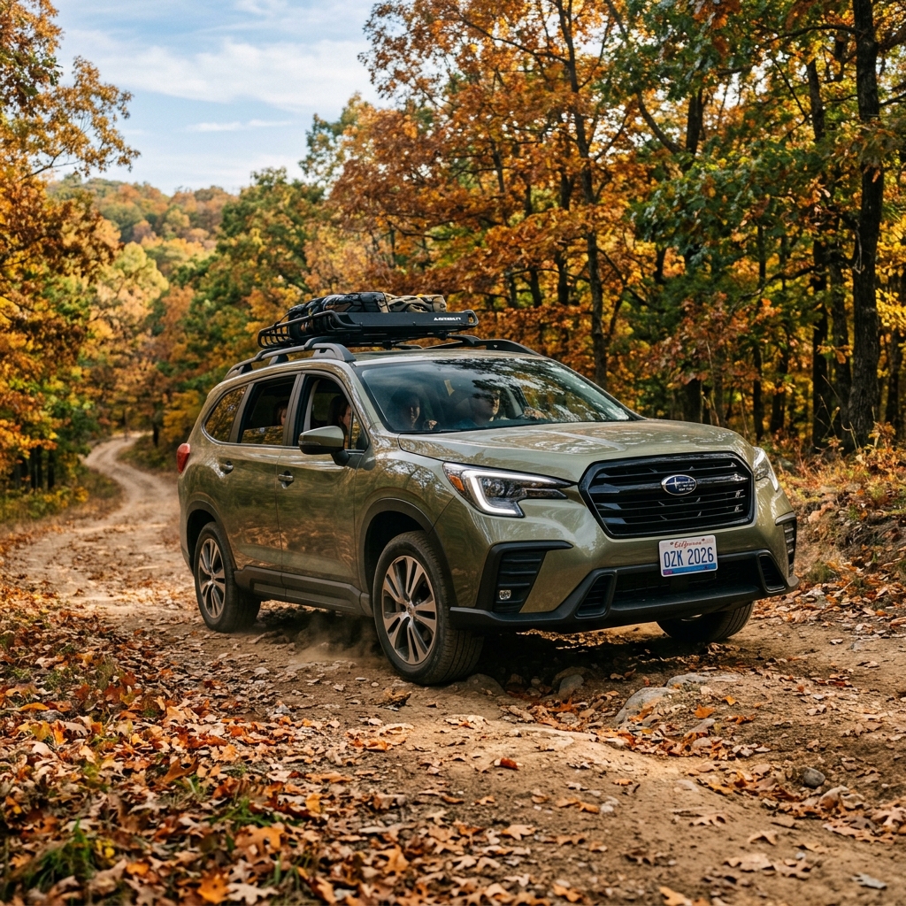 Green Subaru SUV with a roof rack driving on a leaf-covered dirt road through an autumn forest. (Representative image for illustration purposes only. Actual vehicle may vary based on trim and configuration.)