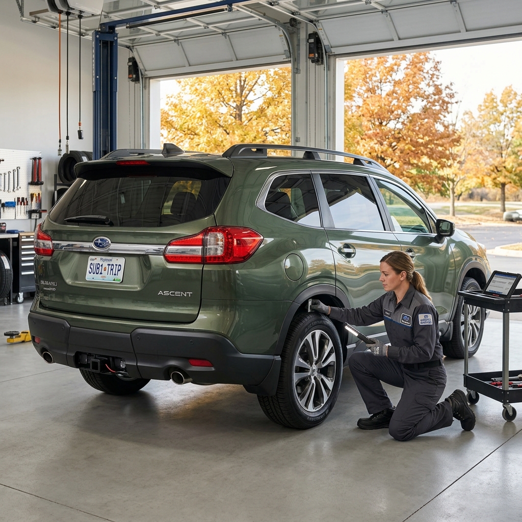 Female automotive technician kneeling to inspect the rear tire of a green Subaru Ascent inside a service bay. (Representative image for illustration purposes only. Actual vehicle may vary based on trim and configuration.)
