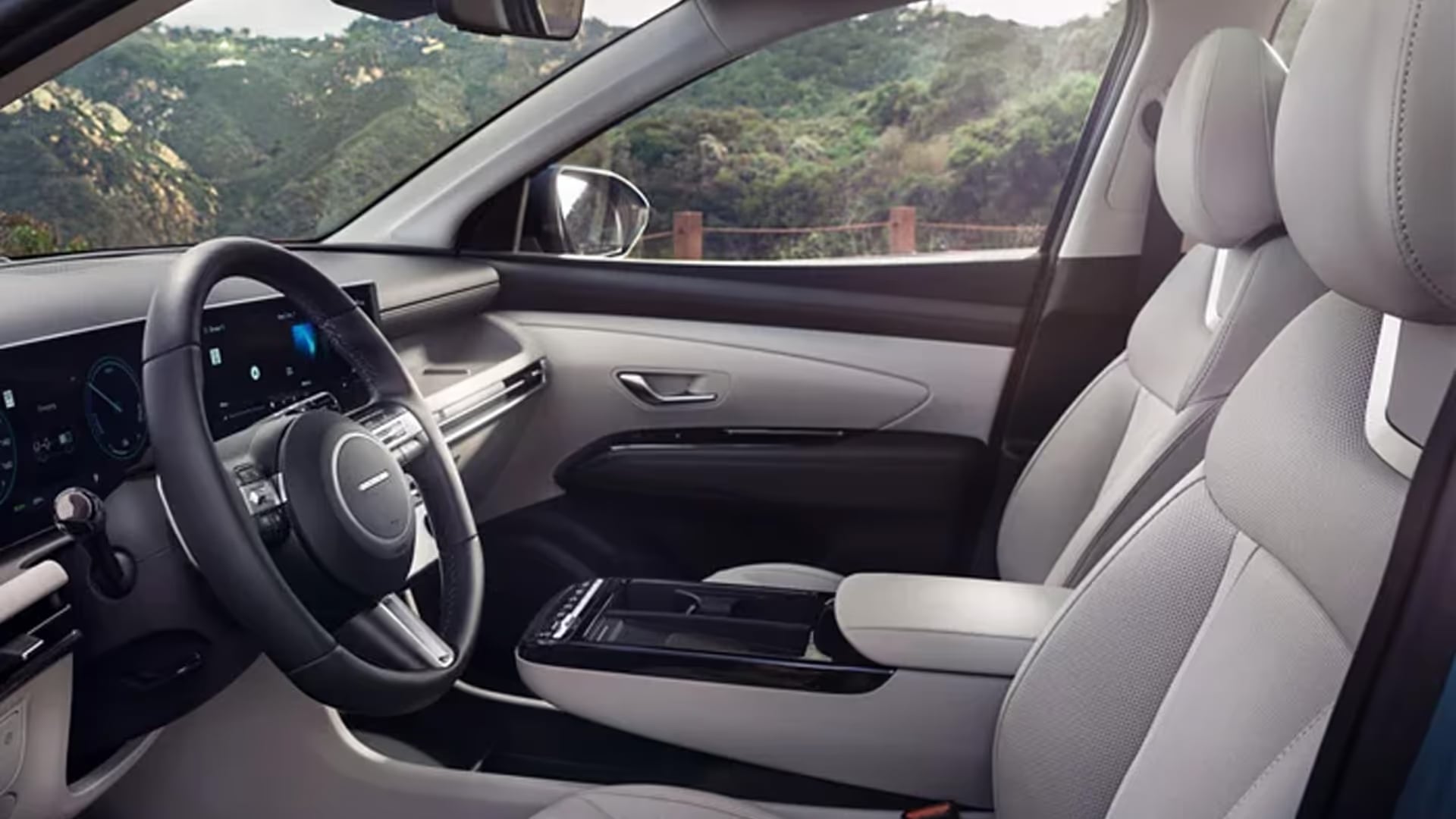 Modern vehicle cabin with comfortable seating and digital dashboard