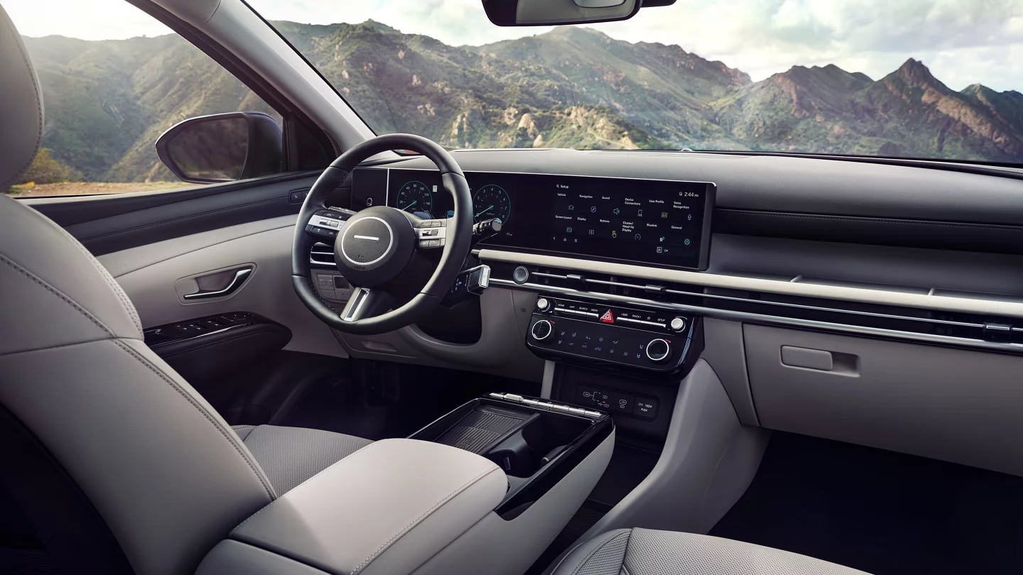 Modern vehicle interior with digital infotainment displays