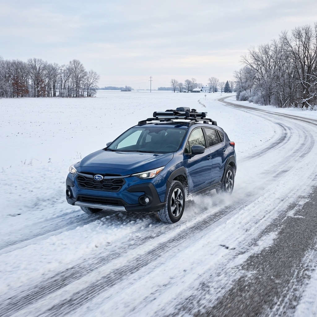 Blue Subaru Crosstrek driving on a snowy, icy road with a ski rack mounted on the roof. (Representative image for illustration purposes only. Actual vehicle may vary based on trim and configuration.)