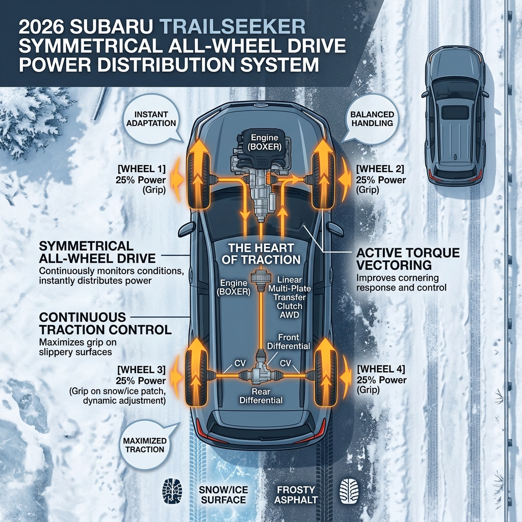 Infographic displaying the symmetrical all-wheel drive power distribution system of a 2026 Subaru Trailseeker on snow. (Representative image for illustration purposes only. Actual vehicle may vary based on trim and configuration.)