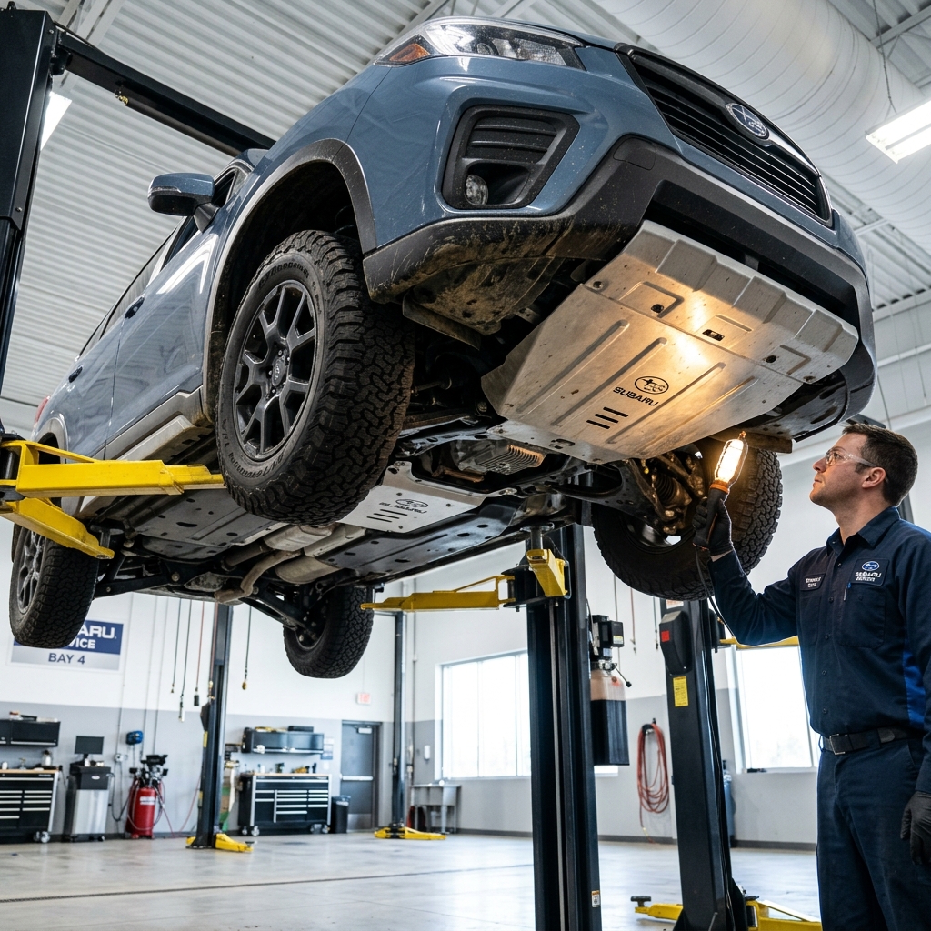 A Subaru technician in uniform uses an inspection light to check the undercarriage of a blue SUV raised on a lift. (Representative image for illustration purposes only. Actual vehicle may vary based on trim and configuration.)