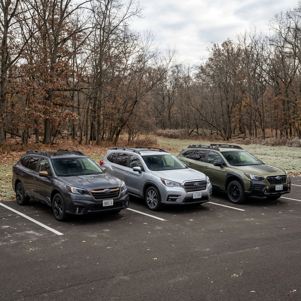 Three Subaru SUVs in grey, silver, and green parked in a parking lot next to a late autumn forest. (Representative image for illustration purposes only. Actual vehicle may vary based on trim and configuration.)
