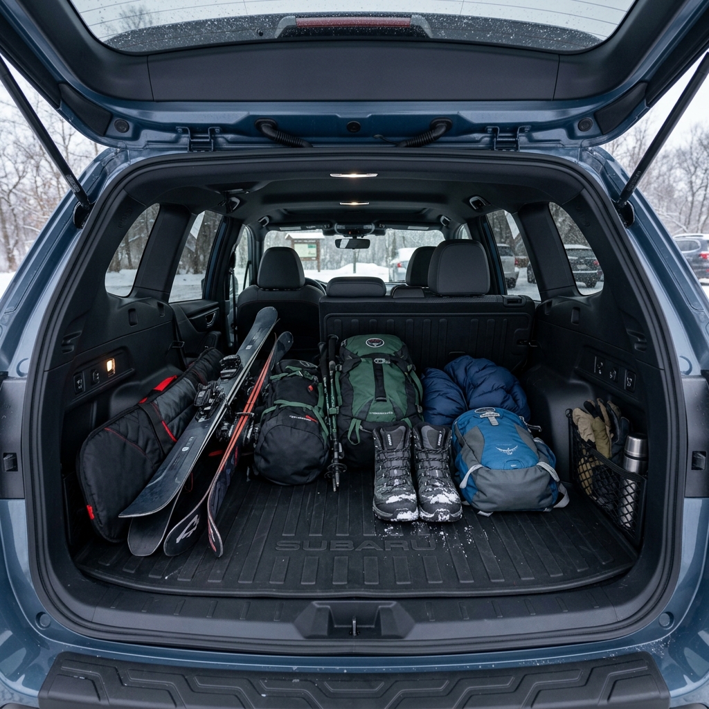 Open trunk of a blue Subaru packed with skis, backpacks, ski boots, and winter gear on a rubber cargo mat. (Representative image for illustration purposes only. Actual vehicle may vary based on trim and configuration.)