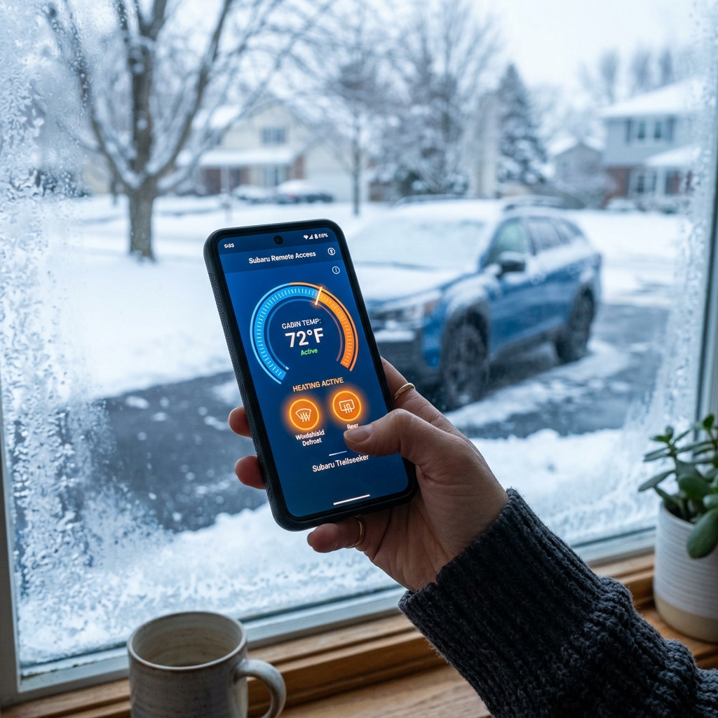 Hand holding a smartphone displaying Subaru remote heating controls, with a blue car parked outside in snow. (Representative image for illustration purposes only. Actual vehicle may vary based on trim and configuration.)