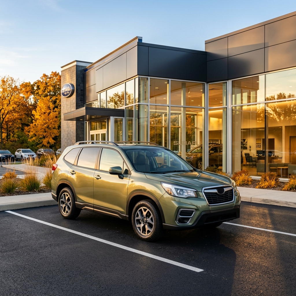 Olive green Subaru SUV parked in front of a modern glass dealership showroom during golden hour. (Representative image for illustration purposes only. Actual vehicle may vary based on trim and configuration.)