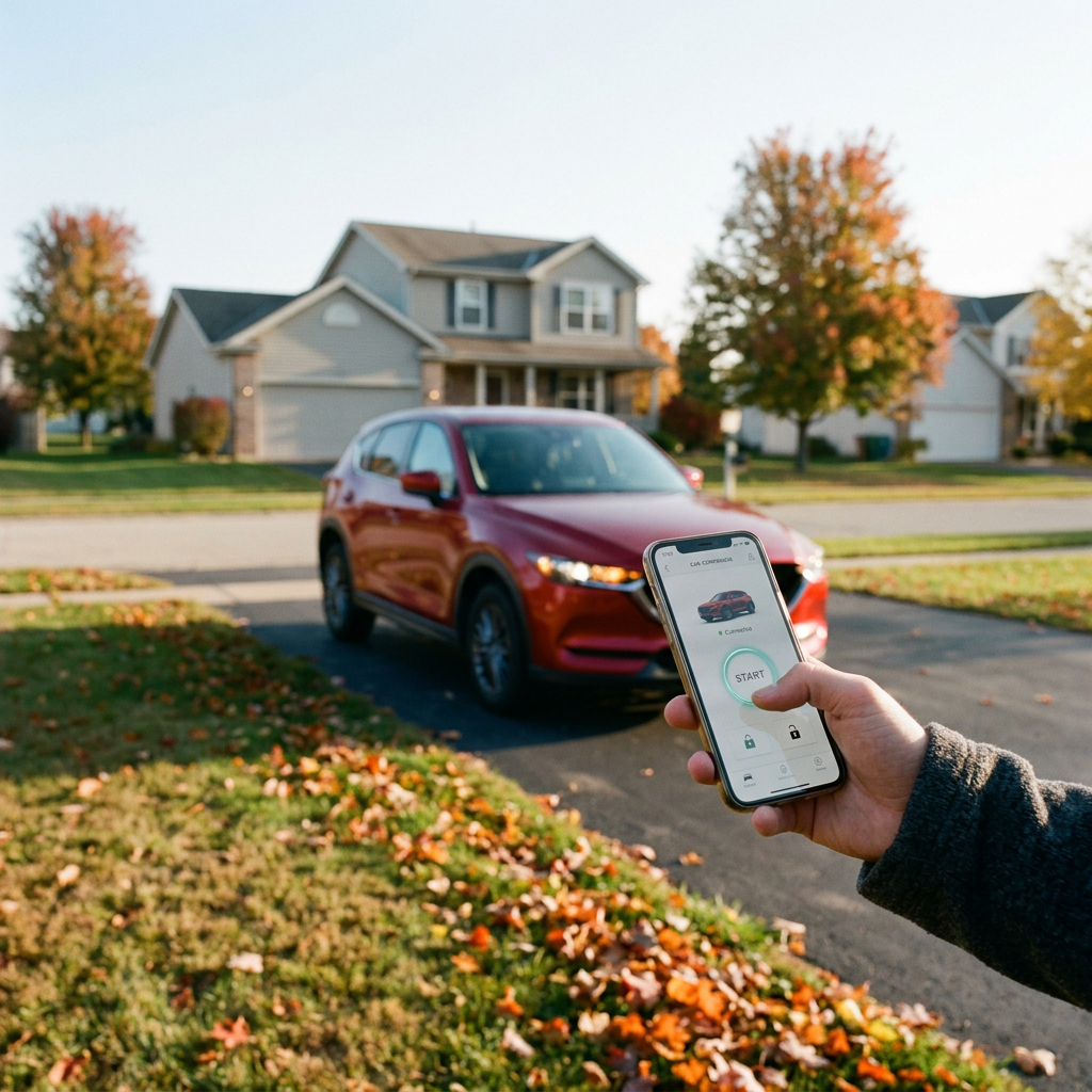 A person using a smartphone app to remotely start a red SUV parked in a suburban driveway on an autumn day. (Representative image for illustration purposes only. Actual vehicle may vary based on trim and configuration.)