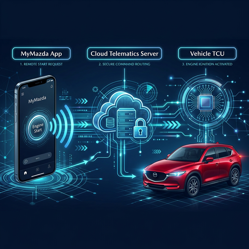 Diagram illustrating Mazda's remote start process from MyMazda app to cloud server and vehicle TCU. (Representative image for illustration purposes only. Actual vehicle may vary based on trim and configuration.)