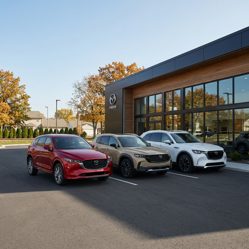 Red, tan, and white Mazda SUVs parked in front of a modern dealership building on a sunny autumn day. (Representative image for illustration purposes only. Actual vehicle may vary based on trim and configuration.)
