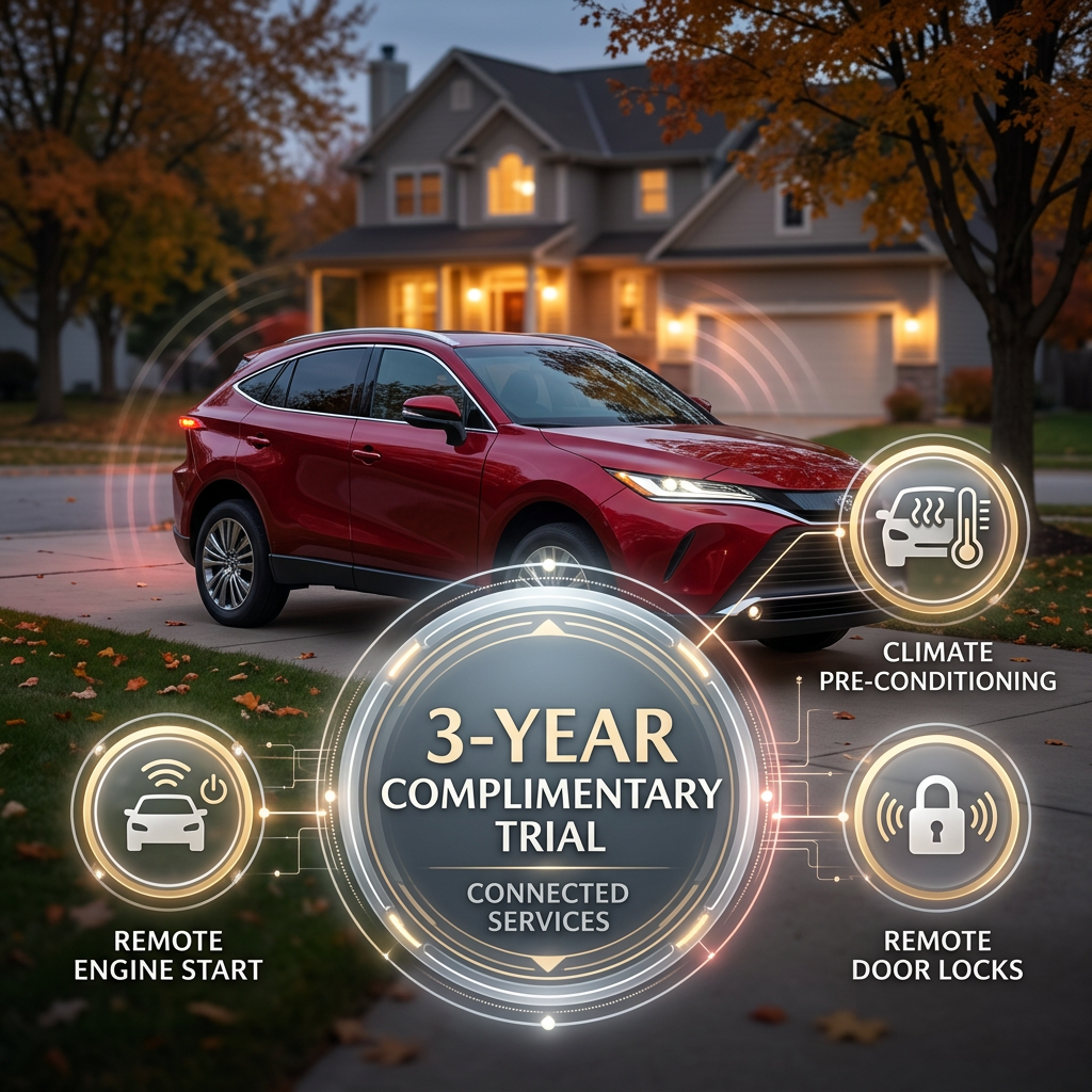 A red SUV parked in front of a home with graphics advertising a 3-year trial of connected car services. (Representative image for illustration purposes only. Actual vehicle may vary based on trim and configuration.)