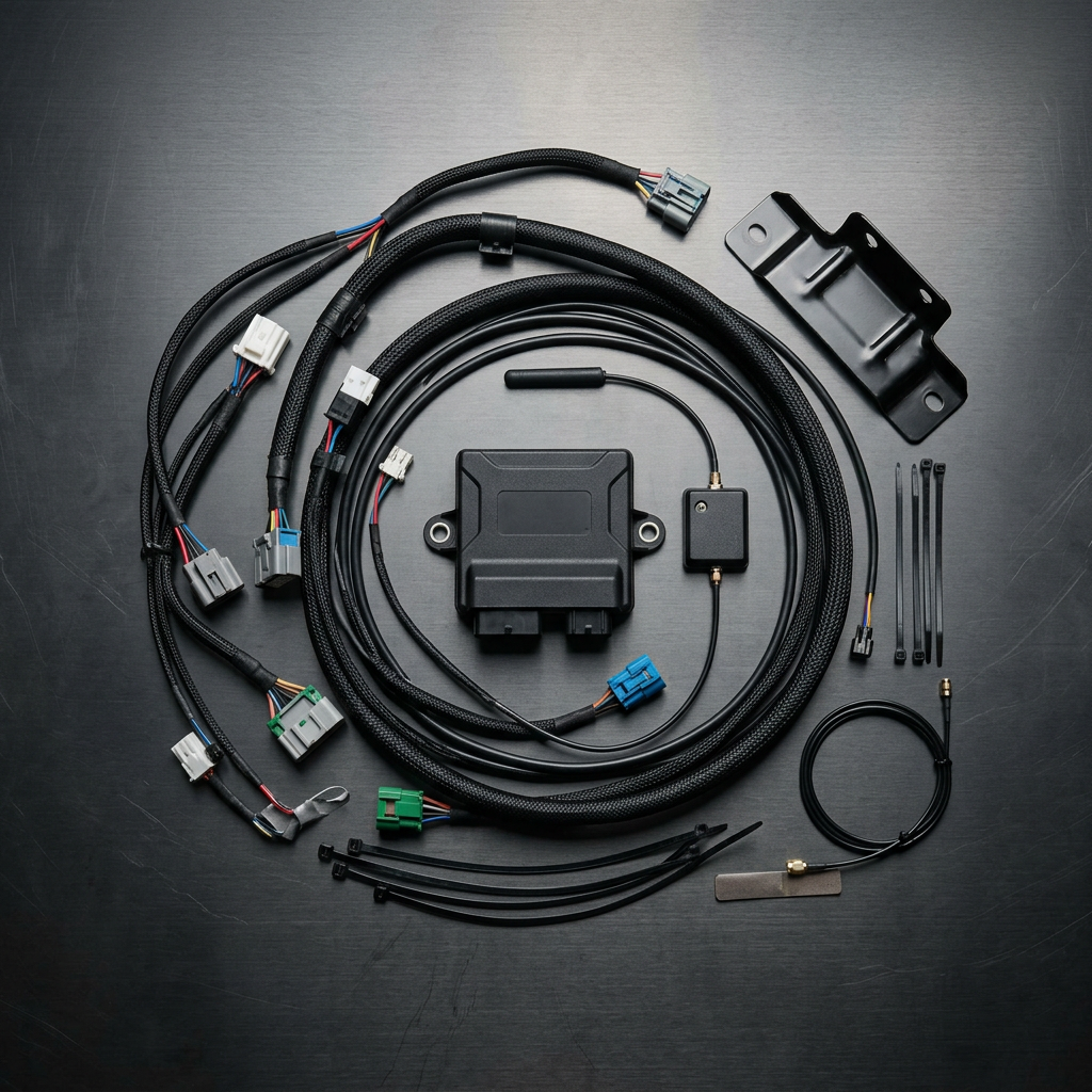 Automotive electronic control unit surrounded by coiled wiring harnesses, electrical connectors, and a mounting bracket. (Representative image for illustration purposes only. Actual vehicle may vary based on trim and configuration.)