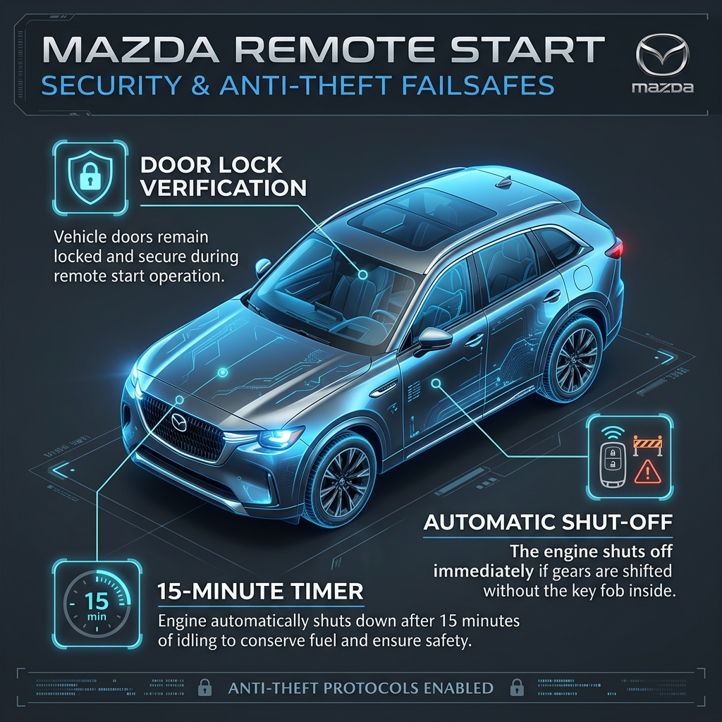 Infographic detailing Mazda remote start anti-theft failsafes, including door lock verification and auto shut-off. (Representative image for illustration purposes only. Actual vehicle may vary based on trim and configuration.)