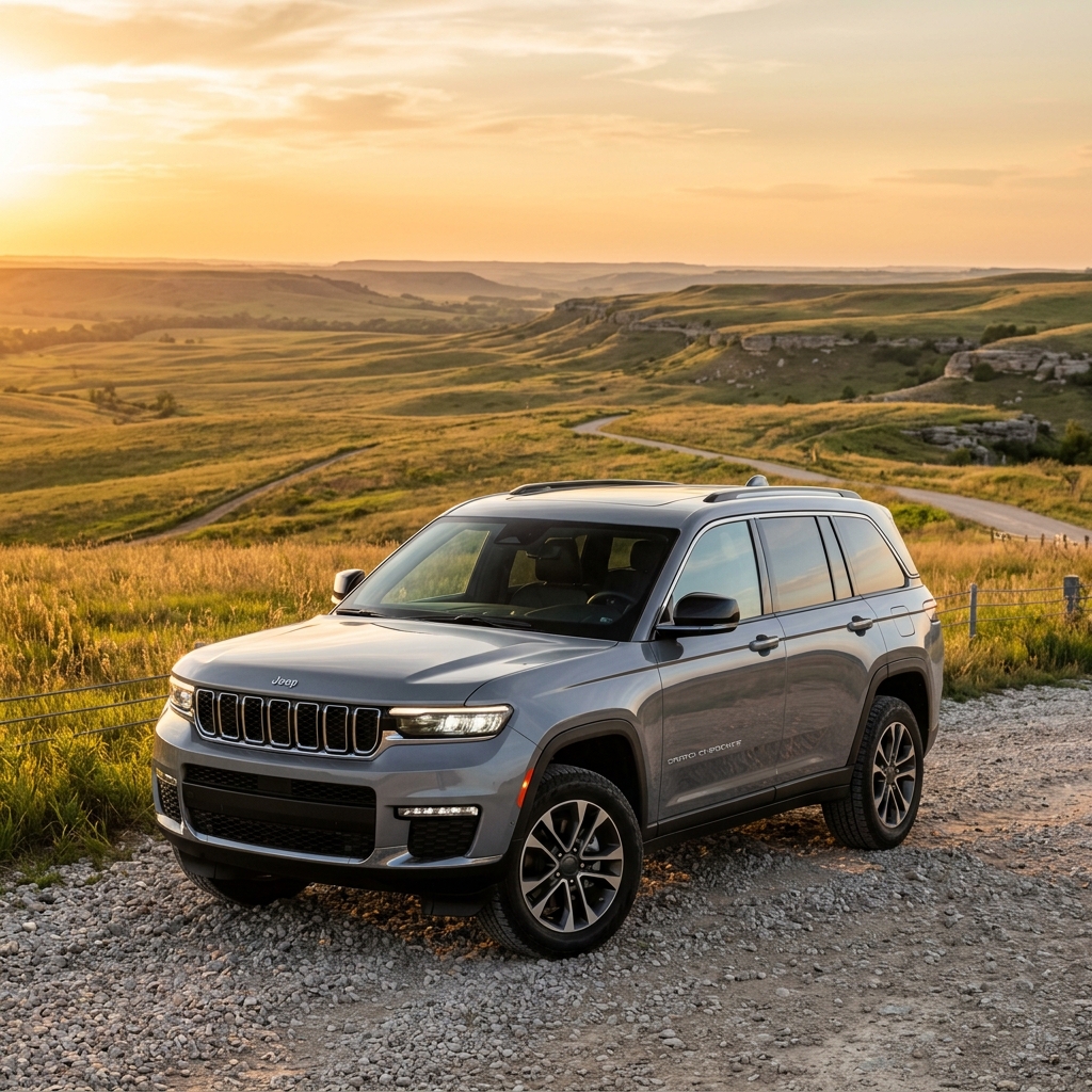 Silver Jeep Grand Cherokee parked on a gravel road overlooking rolling green hills during sunset. (Representative image for illustration purposes only. Actual vehicle may vary based on trim and configuration.)