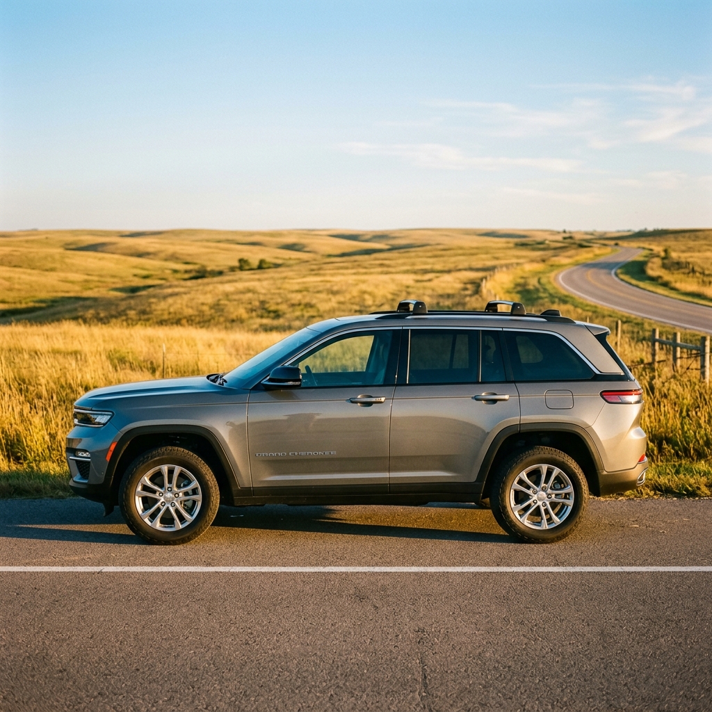 Side profile of a grey Jeep Grand Cherokee parked on a rural paved road against rolling golden hills. (Representative image for illustration purposes only. Actual vehicle may vary based on trim and configuration.)