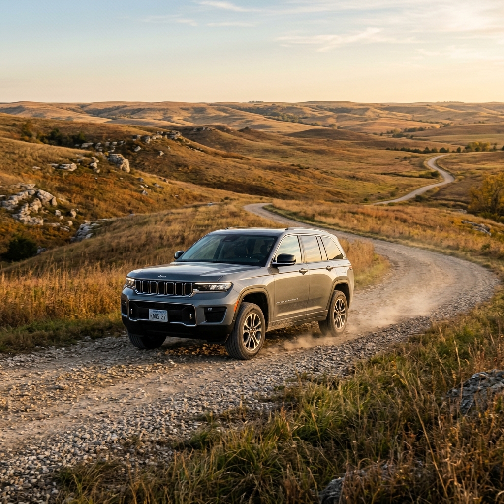 Silver Jeep Grand Cherokee driving along a winding gravel road through rolling golden hills. (Representative image for illustration purposes only. Actual vehicle may vary based on trim and configuration.)
