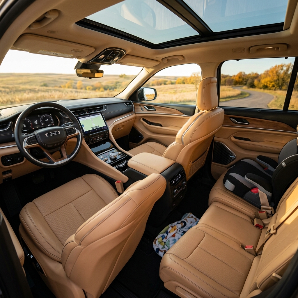 Wide interior view of a luxury SUV featuring tan leather seats, a panoramic sunroof, digital display, and a child seat. (Representative image for illustration purposes only. Actual vehicle may vary based on trim and configuration.)