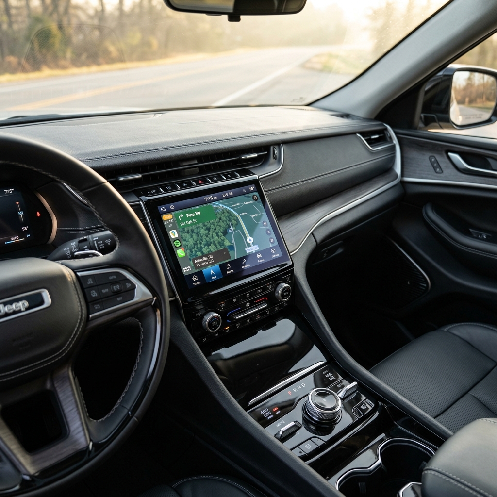 Interior dashboard of a Jeep SUV featuring a large center navigation touchscreen and rotary gear shift dial. (Representative image for illustration purposes only. Actual vehicle may vary based on trim and configuration.)