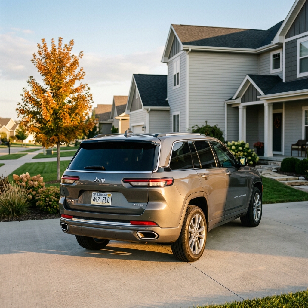 A dark grey Jeep Grand Cherokee parked on a concrete driveway in front of a modern suburban home at sunset. (Representative image for illustration purposes only. Actual vehicle may vary based on trim and configuration.)