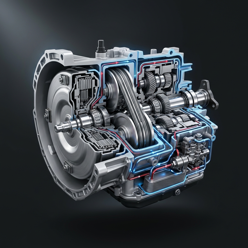 3D cutaway visualization of a car transmission highlighting internal pulleys, gears, and glowing fluid flow lines. (Representative image for illustration purposes only. Actual vehicle may vary based on trim and configuration.)
