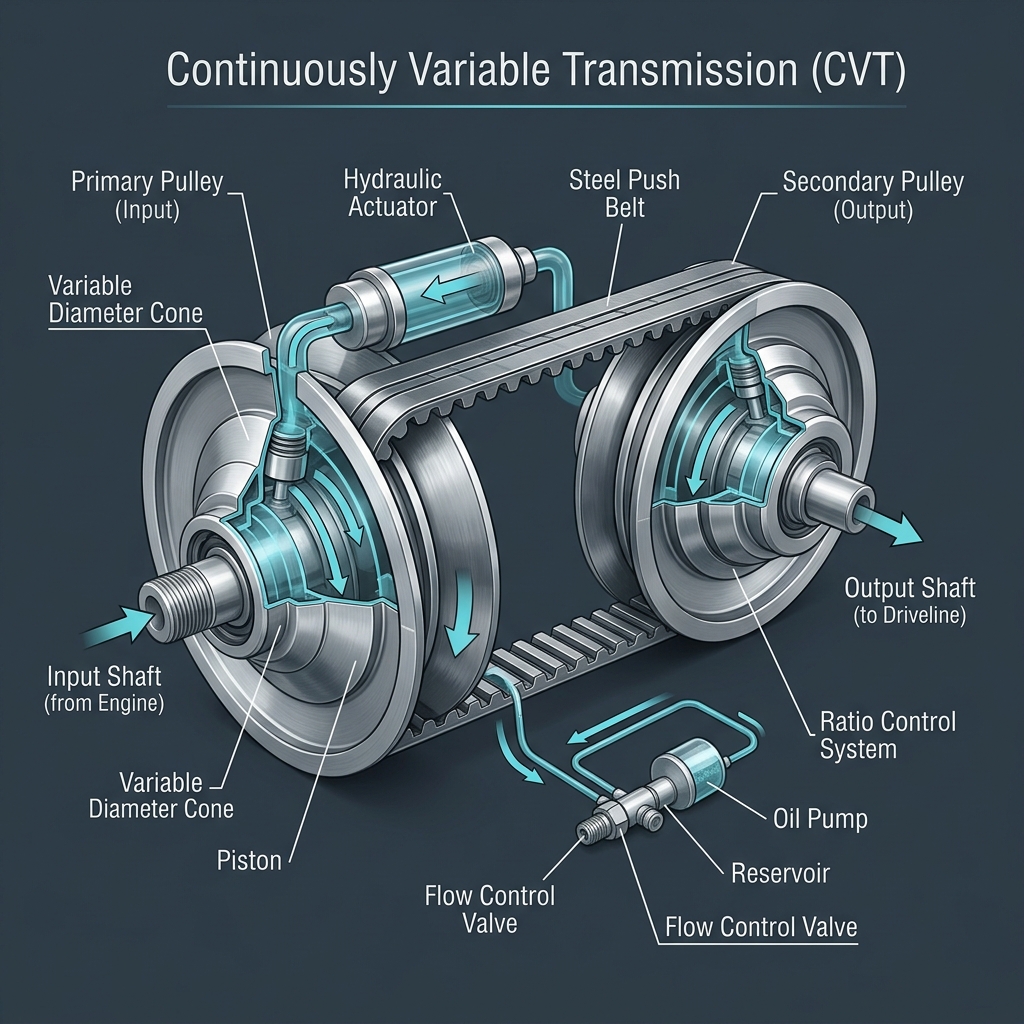 Cutaway technical diagram showing the internal mechanics and labeled components of a Continuously Variable Transmission. (Representative image for illustration purposes only. Actual vehicle may vary based on trim and configuration.)