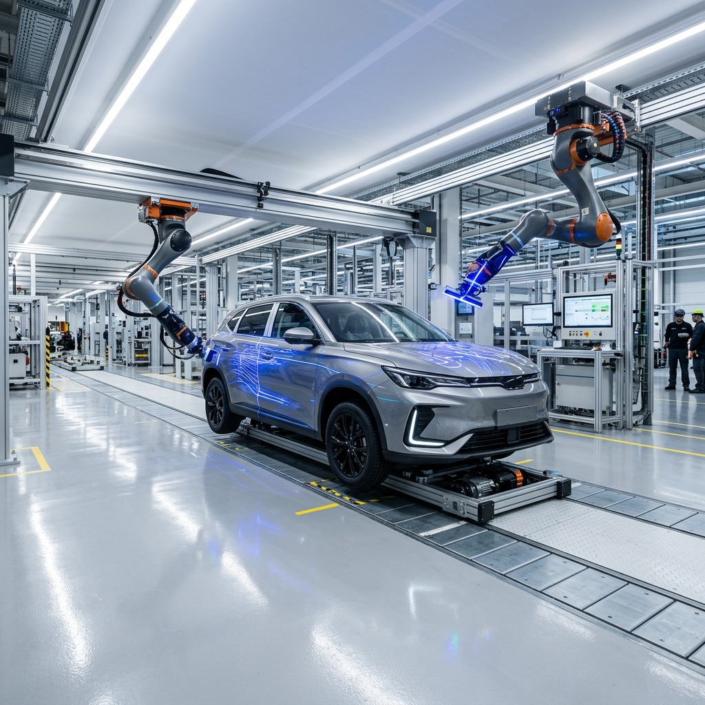 Robotic arms project blue light onto a silver SUV during automated quality control in a modern factory. (Representative image for illustration purposes only. Actual vehicle may vary based on trim and configuration.)
