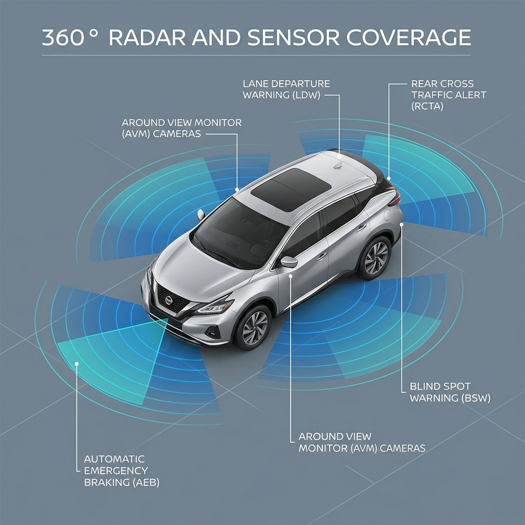 Diagram showing a silver SUV's 360-degree radar, camera, and safety sensor coverage zones. (Representative image for illustration purposes only. Actual vehicle may vary based on trim and configuration.)