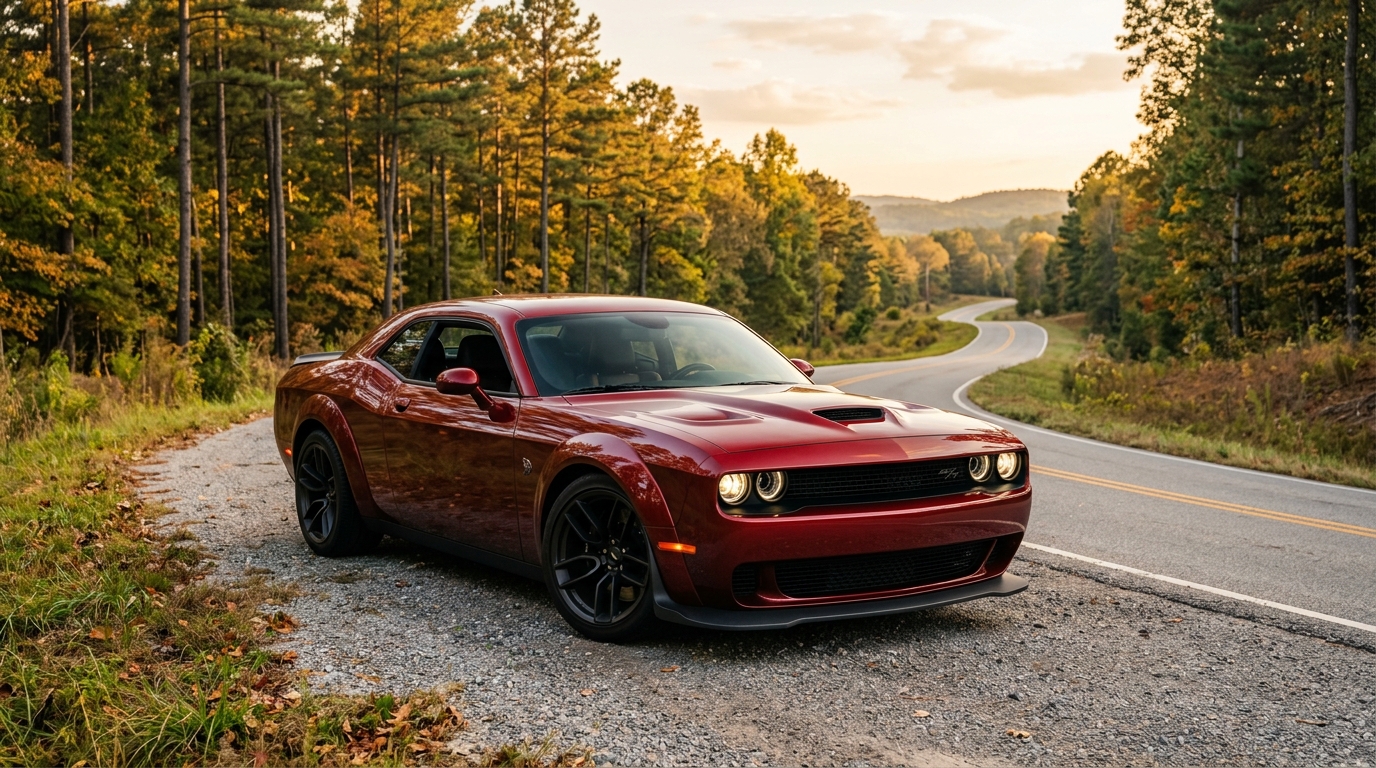 Red Dodge Challenger SRT Widebody parked along a winding scenic forest road during autumn sunset. (Representative image for illustration purposes only. Actual vehicle may vary based on trim and configuration.)