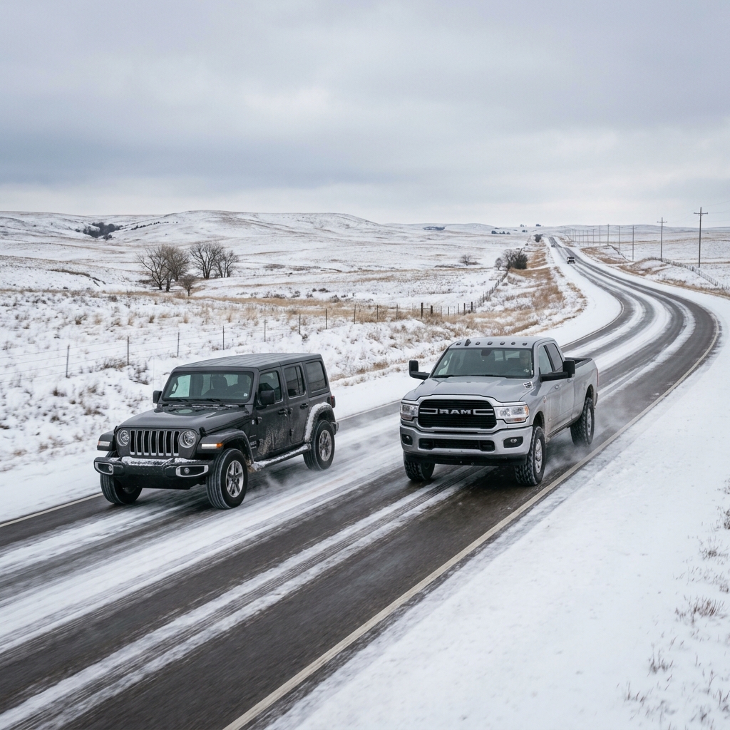 A dark grey Jeep Wrangler and a silver RAM pickup truck driving down a snowy two-lane highway in winter. (Representative image for illustration purposes only. Actual vehicle may vary based on trim and configuration.)