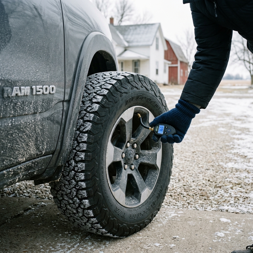 A person wearing winter gloves uses a digital gauge to check the tire pressure on a RAM 1500 truck. (Representative image for illustration purposes only. Actual vehicle may vary based on trim and configuration.)
