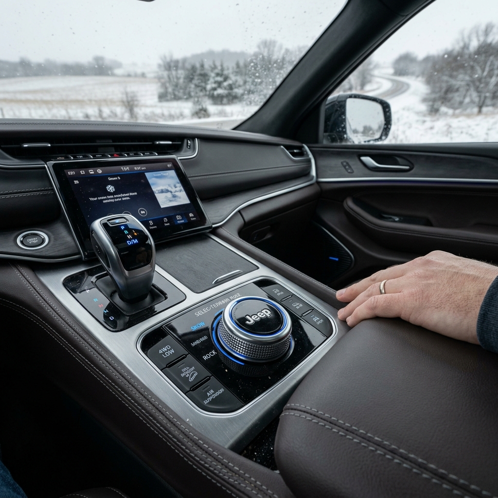 Driver's hand near a Jeep Selec-Terrain dial on the center console with a snowy road visible through the windshield. (Representative image for illustration purposes only. Actual vehicle may vary based on trim and configuration.)