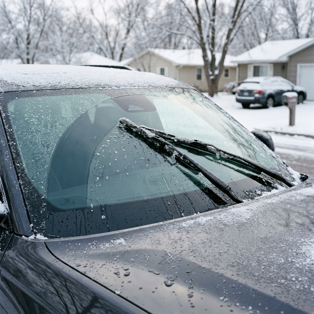 Close-up of a dark car's icy windshield and wipers parked on a snowy suburban street. (Representative image for illustration purposes only. Actual vehicle may vary based on trim and configuration.)