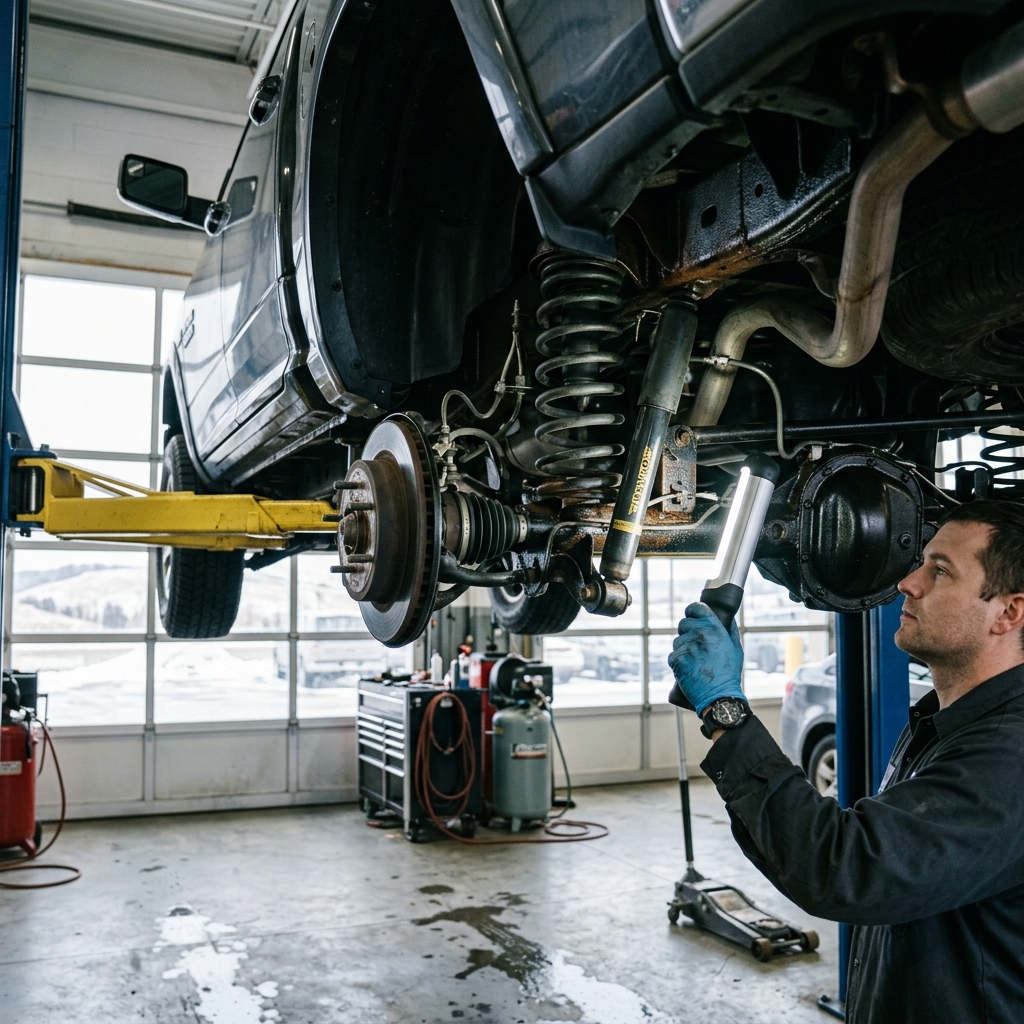 A mechanic holding an inspection light under a truck raised on a vehicle lift in an auto repair shop. (Representative image for illustration purposes only. Actual vehicle may vary based on trim and configuration.)