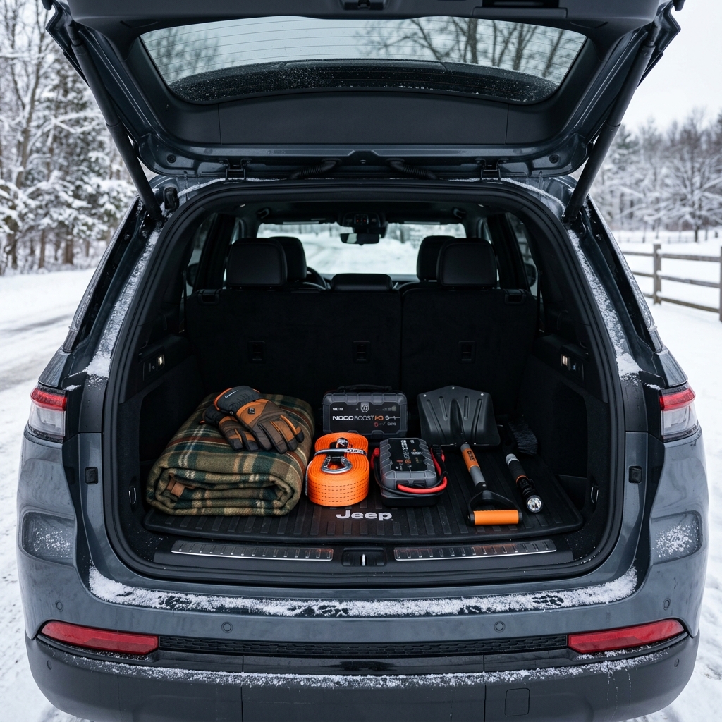 Open trunk of a Jeep filled with winter emergency supplies including a blanket, tow strap, jump starter pack, and shovel. (Representative image for illustration purposes only. Actual vehicle may vary based on trim and configuration.)