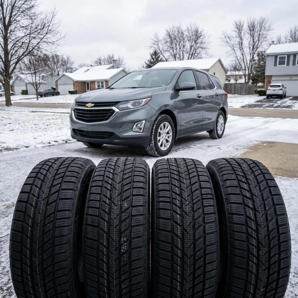 Four black winter tires standing upright in a row with a grey Chevrolet SUV parked on a snowy driveway behind them. (Representative image for illustration purposes only. Actual vehicle may vary based on trim and configuration.)