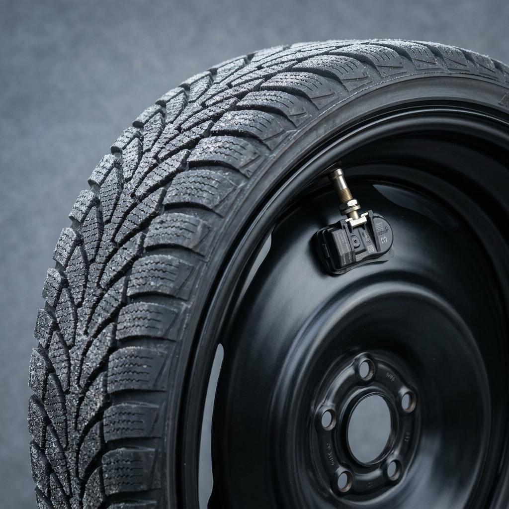 Frosted winter tire mounted on a black steel rim featuring a visible TPMS sensor attached to the valve stem. (Representative image for illustration purposes only. Actual vehicle may vary based on trim and configuration.)