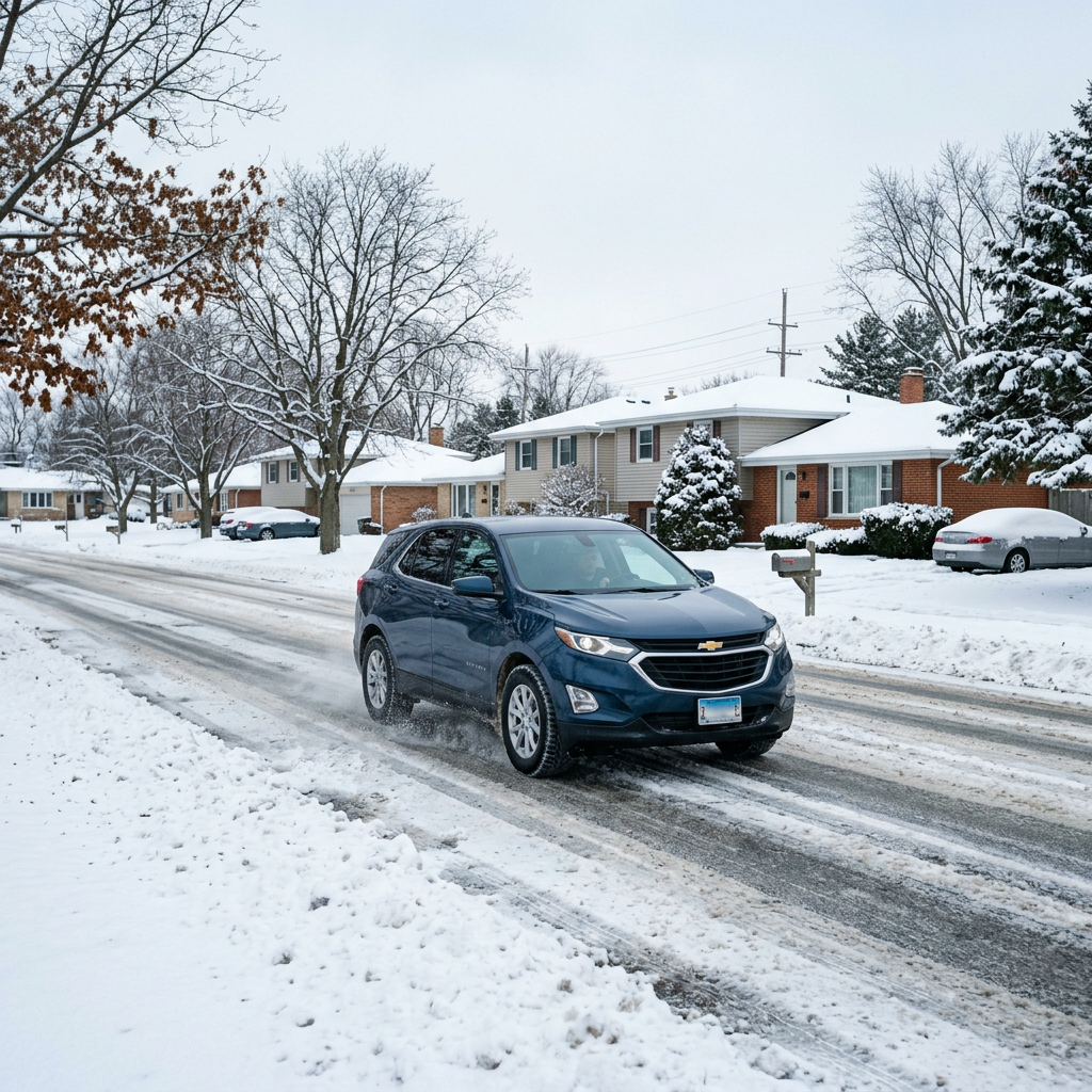 A blue Chevrolet Equinox SUV driving down a slush-filled residential street on a snowy winter day. (Representative image for illustration purposes only. Actual vehicle may vary based on trim and configuration.)