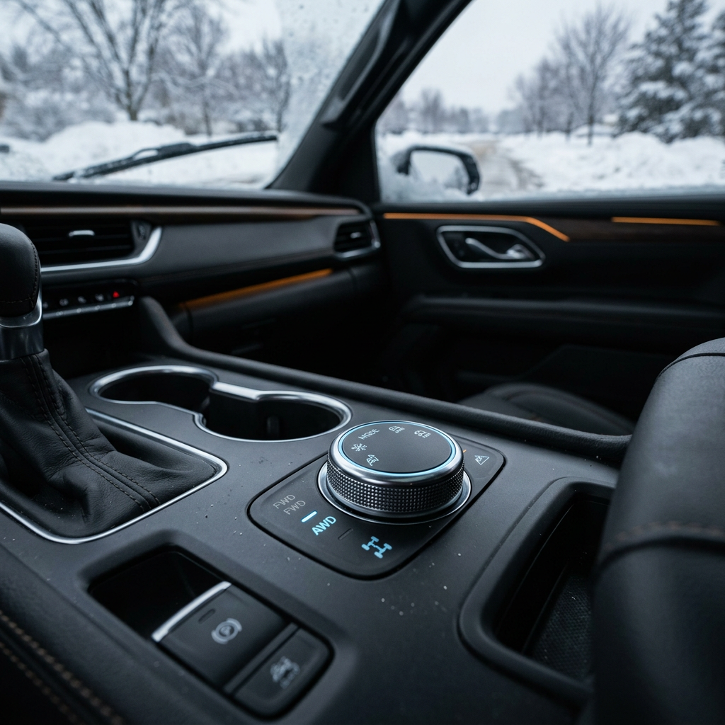 Close-up of a modern vehicle's center console drive mode dial set to AWD with snowy winter scenery visible outside. (Representative image for illustration purposes only. Actual vehicle may vary based on trim and configuration.)