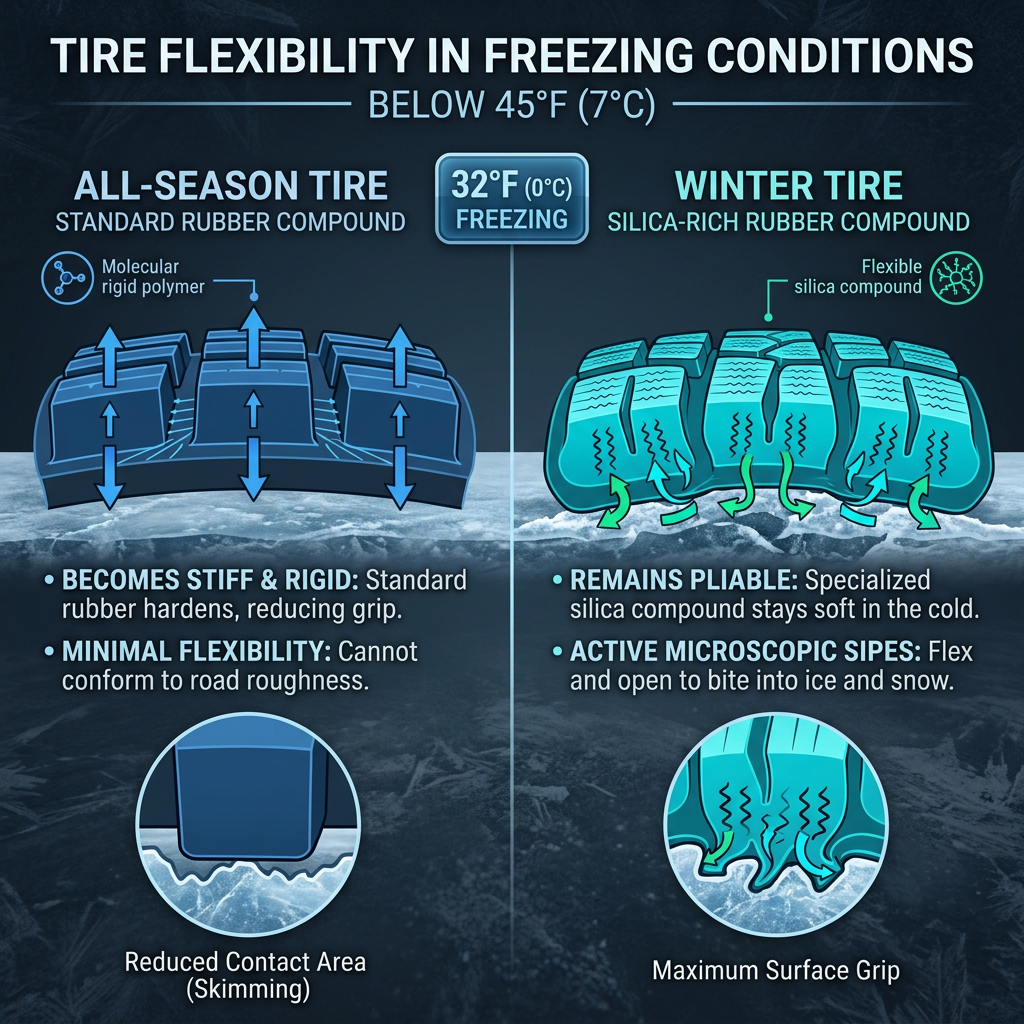 Infographic comparing all-season and winter tire flexibility, tread sipes, and road surface grip in freezing conditions. (Representative image for illustration purposes only. Actual vehicle may vary based on trim and configuration.)