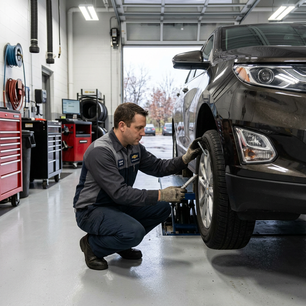 Mechanic in a Chevrolet uniform crouching down to inspect a car tire with a torque wrench in a service bay. (Representative image for illustration purposes only. Actual vehicle may vary based on trim and configuration.)