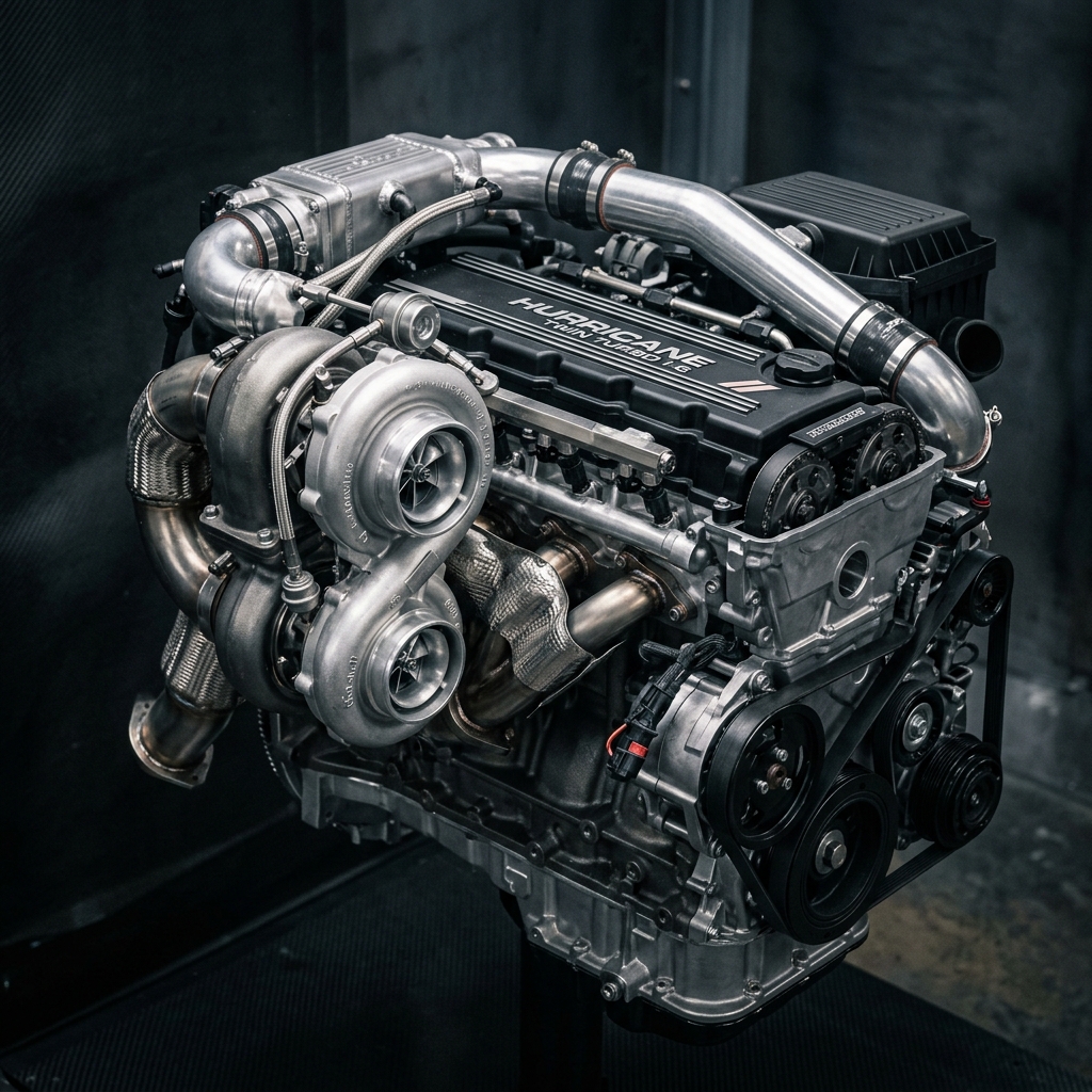 A Hurricane Twin Turbo I-6 engine featuring dual silver turbochargers, custom intake piping, and front pulleys. (Representative image for illustration purposes only. Actual vehicle may vary based on trim and configuration.)