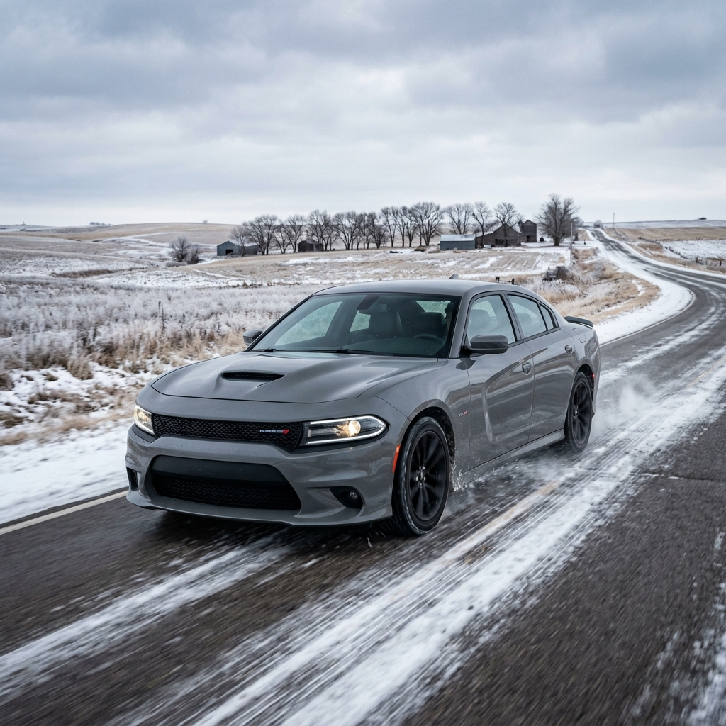 Grey Dodge Charger driving along a snow-dusted winding country road under an overcast sky. (Representative image for illustration purposes only. Actual vehicle may vary based on trim and configuration.)