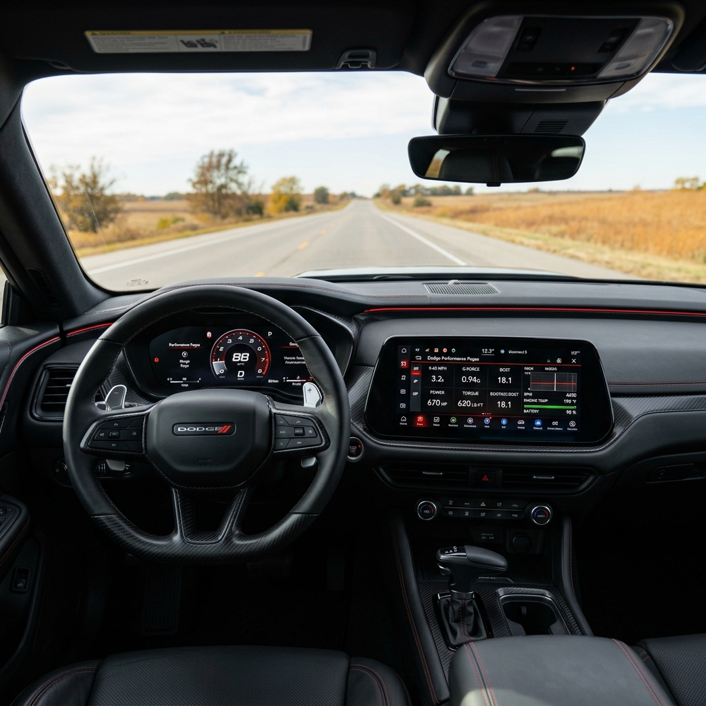 Driver seat view of a modern Dodge driving along a straight rural road with digital dashboard gauges displayed. (Representative image for illustration purposes only. Actual vehicle may vary based on trim and configuration.)