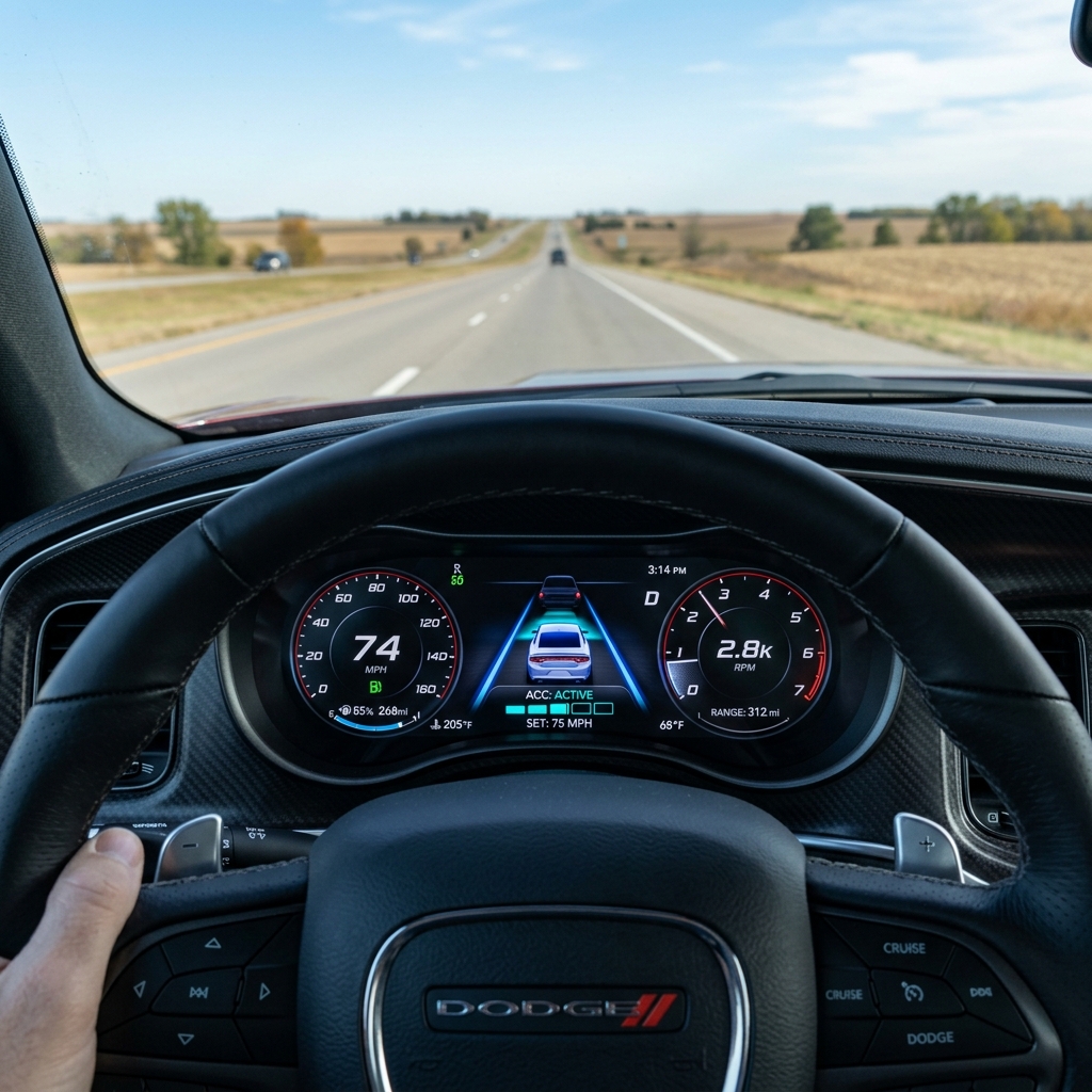 Driver's point of view holding a Dodge steering wheel while cruising on an open highway at 74 MPH. (Representative image for illustration purposes only. Actual vehicle may vary based on trim and configuration.)
