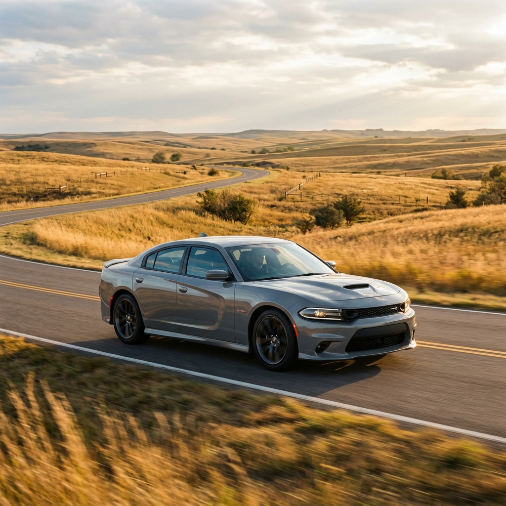 Grey Dodge Charger driving along a winding asphalt road through golden rolling hills at sunset. (Representative image for illustration purposes only. Actual vehicle may vary based on trim and configuration.)