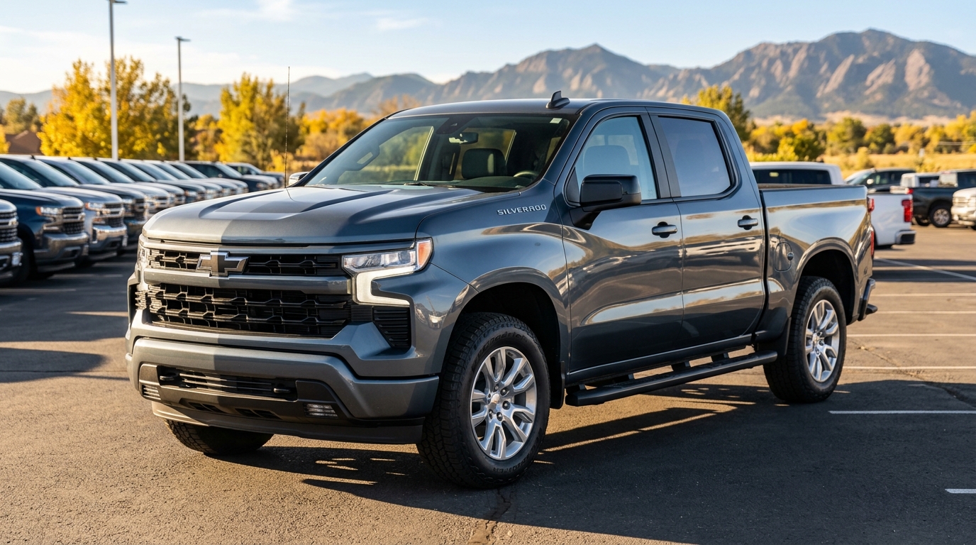 Dark grey Chevrolet Silverado crew cab pickup truck parked at a dealership with mountains in the background. (Representative image for illustration purposes only. Actual vehicle may vary based on trim and configuration.)
