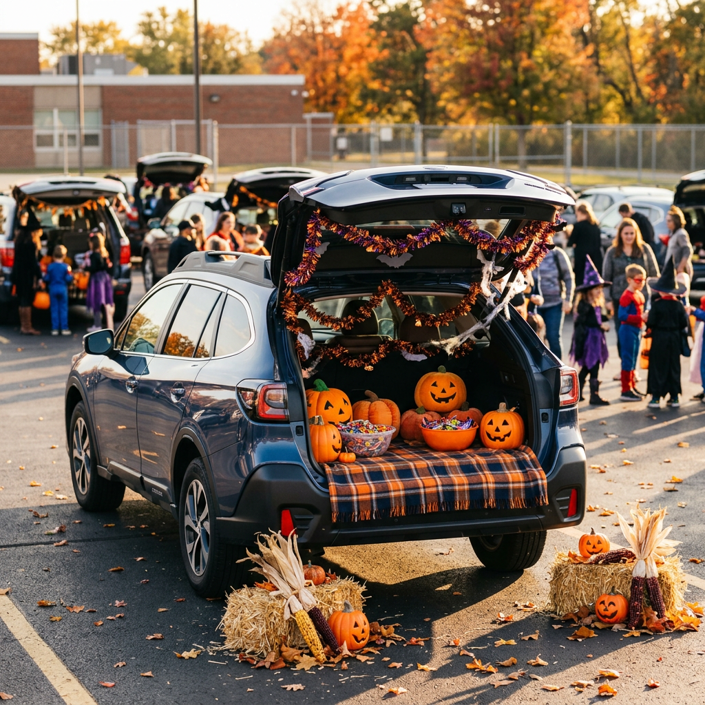 A blue SUV trunk decorated with pumpkins, candy bowls, and Halloween garlands at an outdoor community event. (Representative image for illustration purposes only. Actual vehicle may vary based on trim and configuration.)
