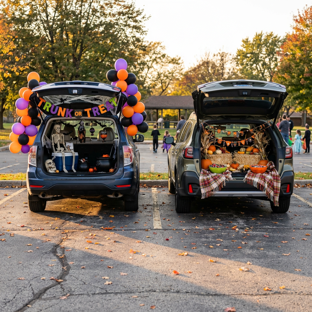 Two SUVs with open trunks decorated with Halloween balloons, skeletons, and pumpkins for a trunk-or-treat event. (Representative image for illustration purposes only. Actual vehicle may vary based on trim and configuration.)