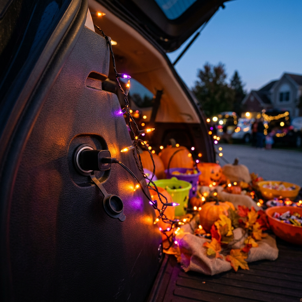 Open car trunk decorated with purple and orange fairy lights, pumpkins, and candy for a trunk-or-treat event. (Representative image for illustration purposes only. Actual vehicle may vary based on trim and configuration.)